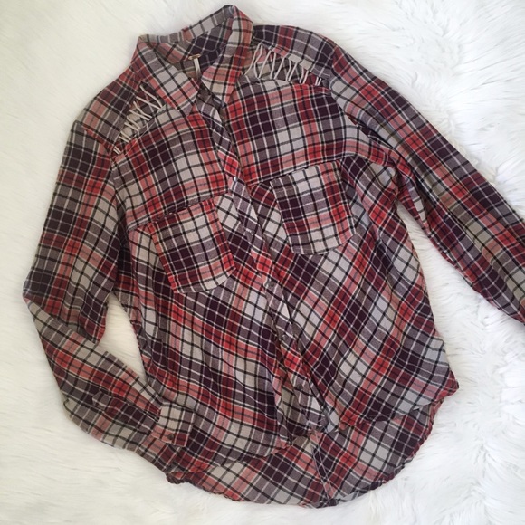 Free People Tops - Free People Stitch Detail Plaid Red Purple Flannel Button Up